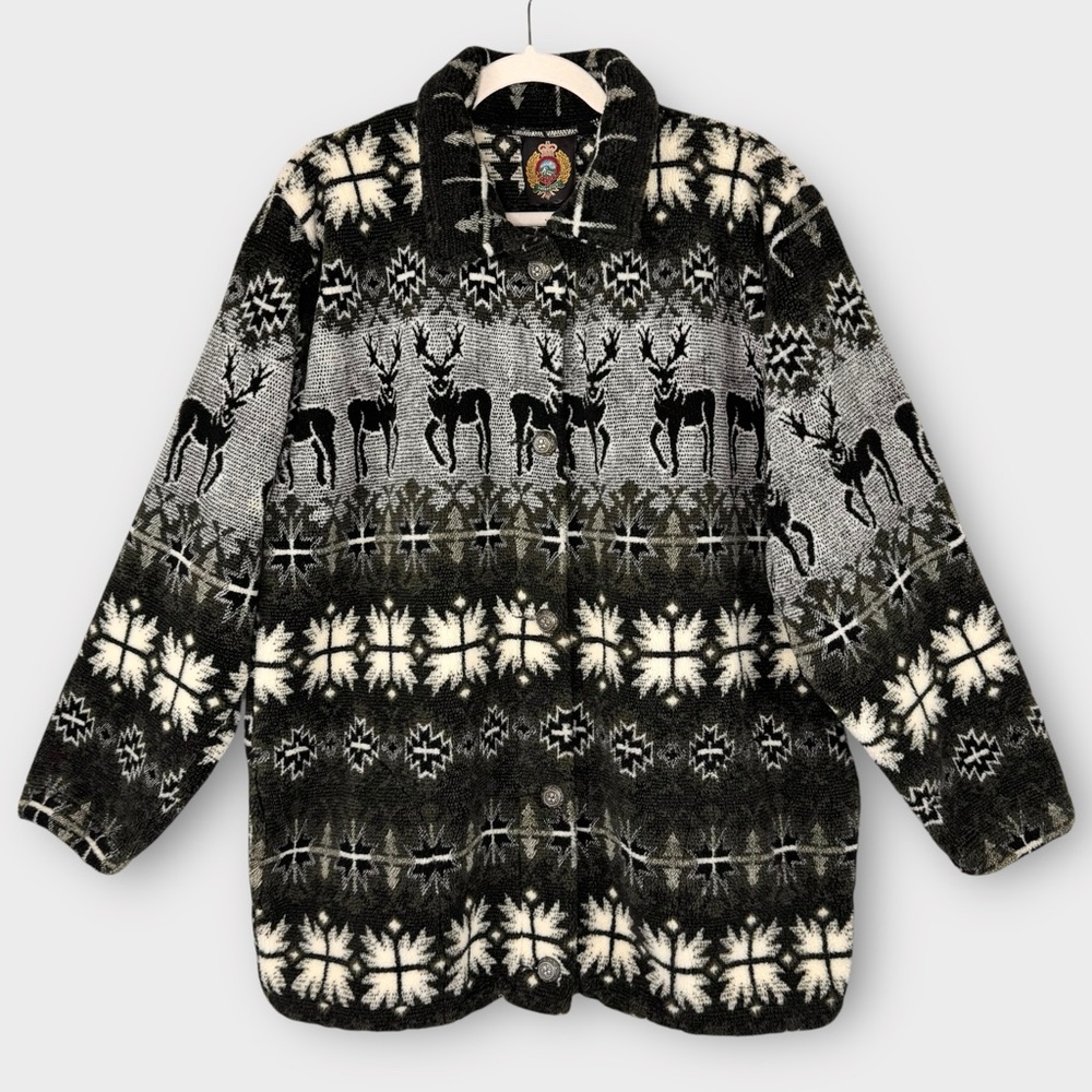 Vintage Nordic Reindeer Fleece Jacket XL Black Green White Snowflake Winter VTG